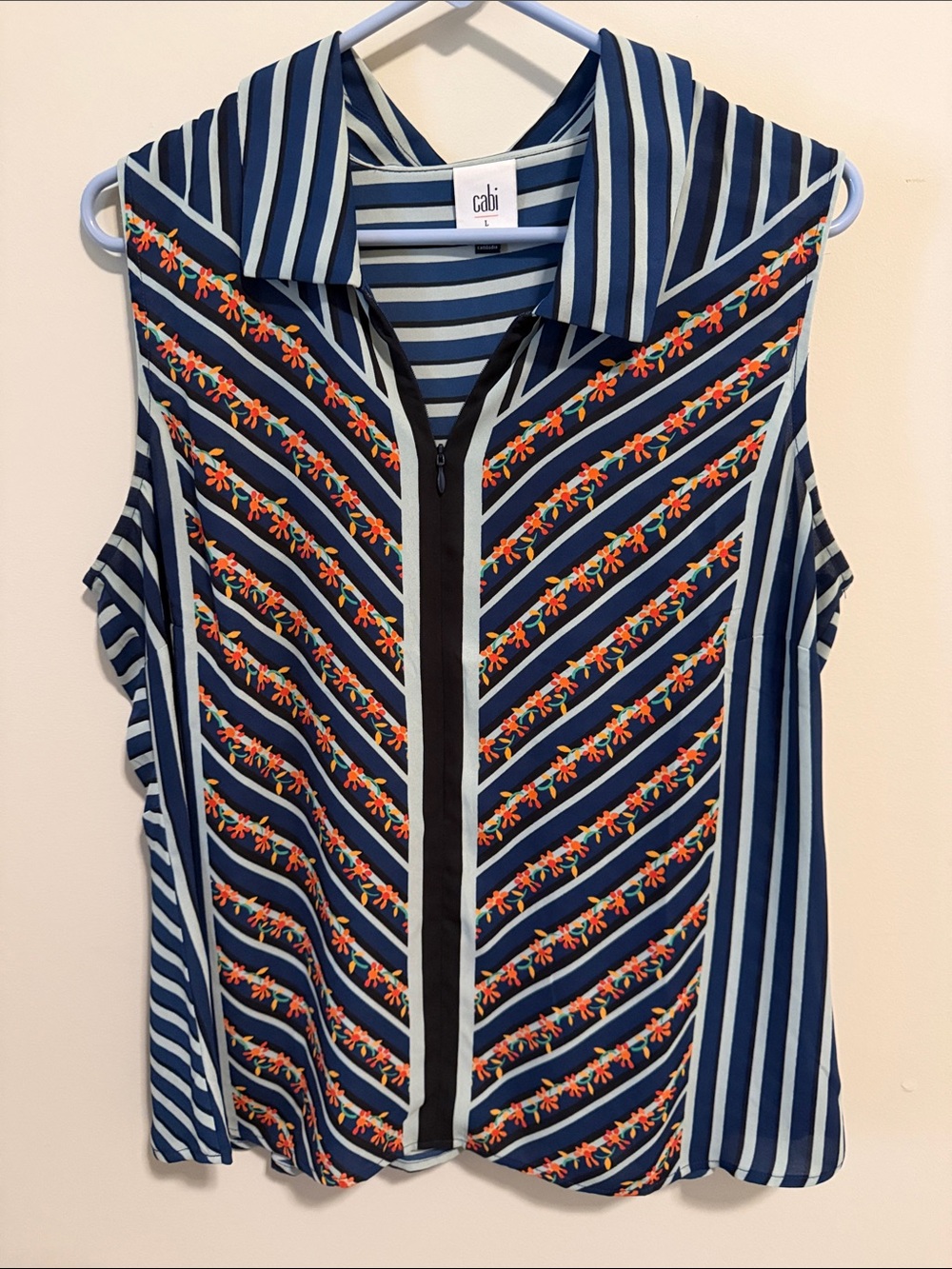 CAbi Navy & Light Blue Striped Embroidered Sleeveless Top